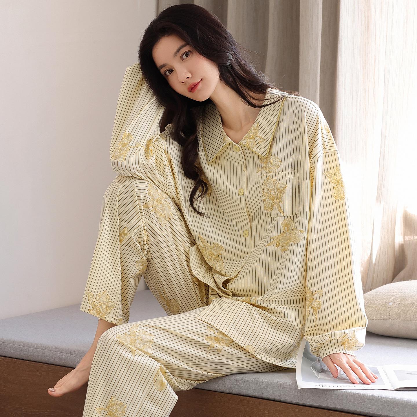 

Pajamas women s spring and autumn pure cotton long-sleeved autumn cotton large size casual high-end sense, autumn can be worn outside loungewear m recommended 40-50kg