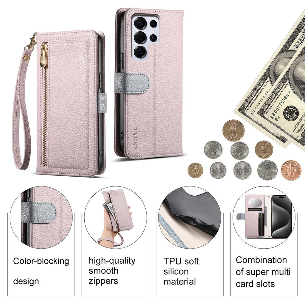 Skórzane etui na telefon dla serii Samsung Galaxy S23-S25 / serii A14-A56 z kieszonką na monety, przegródką na karty, lusterkiem i podstawką – wiele kolorów