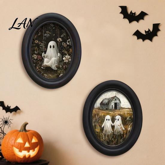 Ghost Oil Painting Print Halloween Wall Art, Cute Table Sign, Vintage Oval Framed Decor Picture, Decorative Art for Mantel Living Room Bedroom