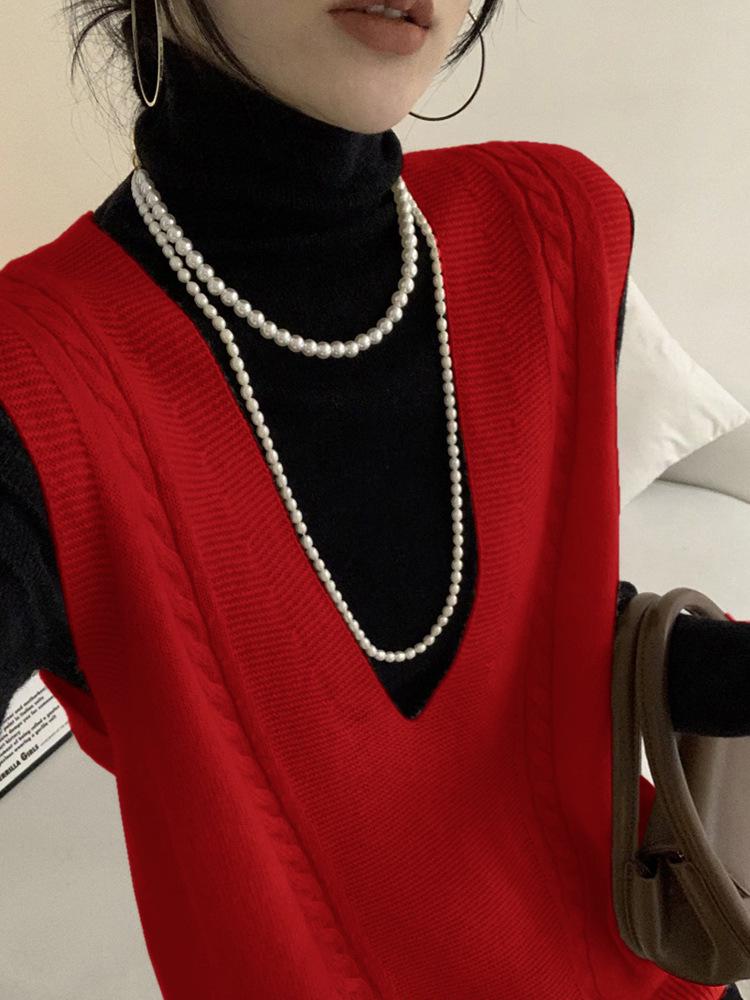 Colete Suéter Sem Mangas Feminino Casual com Decote em V, Tricô de Cabo 100% Lã para Sobreposição no Outono/Inverno