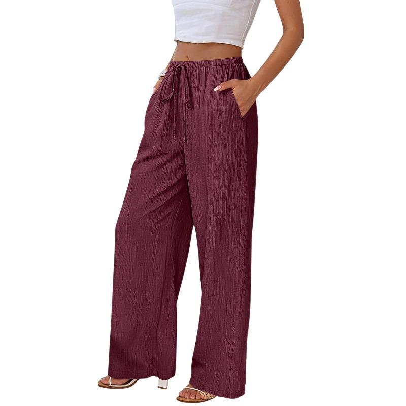 

Spring Summer Women s Brown Linen Blend Elastic Waist Drawstring Wide Leg Pants With Pockets XXL коричневий