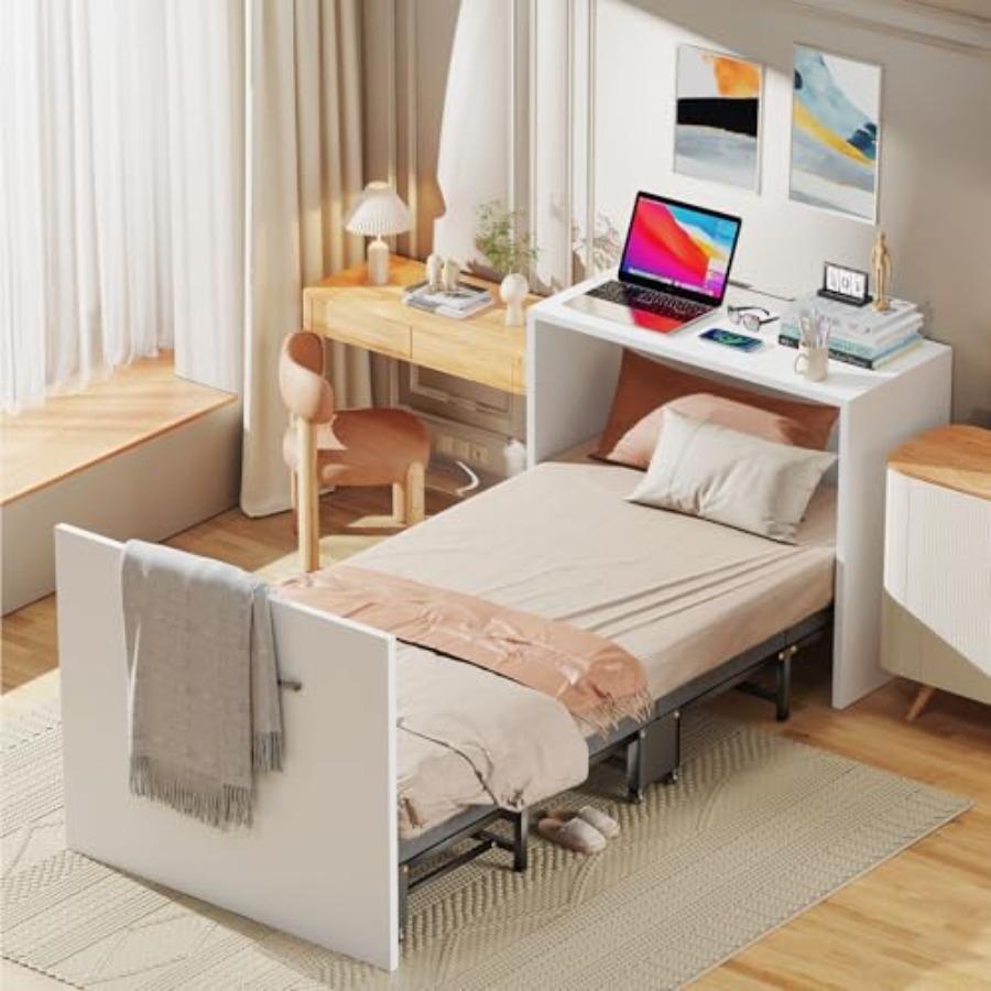 Narrow Twin Murphy Bed, Hideaway Murphy Bed Cabinet with Tri-Fold, Pull Out Murphy Bed Chest, Wooden Foldable Beds, Cabinet Bed белый