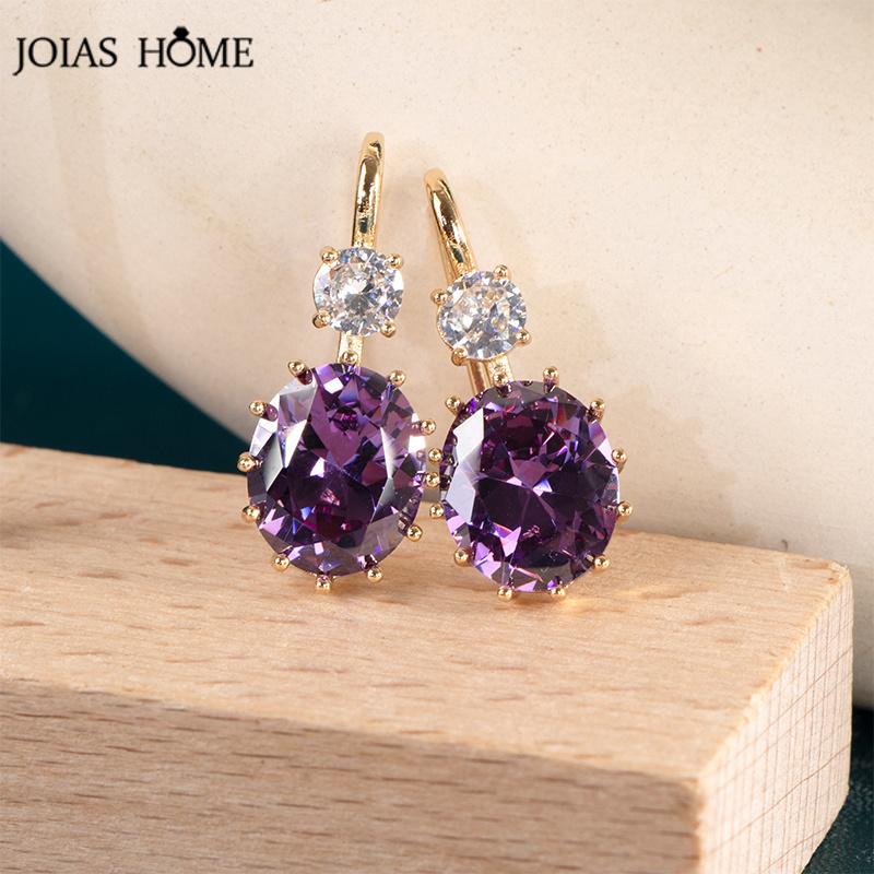 JoiasHome Yellow Gold Color Drop Earrings for Women Silver 925 Jewelry with Purple Zircon Amethyst Female Party Ear Accessories