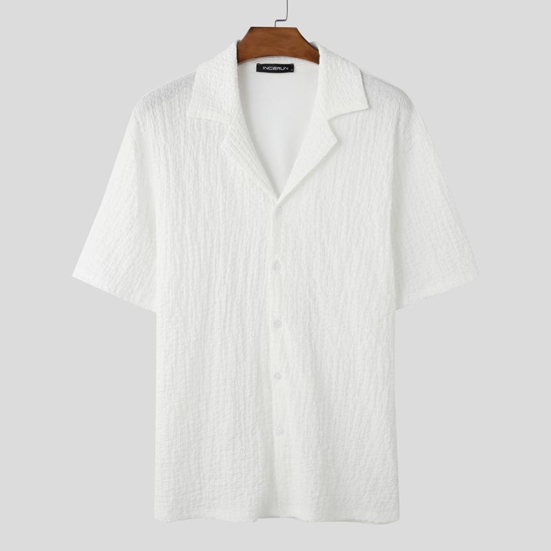 

INCERUN Summer Men Lapel V Neck Short Sleeve Buttons Casual Loose Shirts Tops