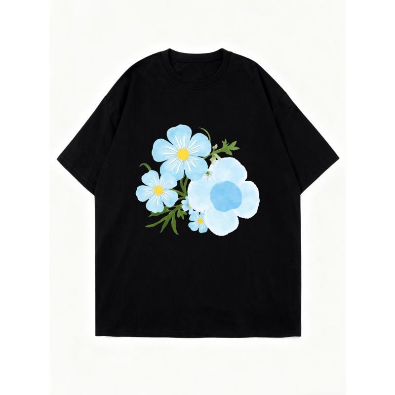 Black Oversized T Shirt With Blue Floral Print For Casual Wear