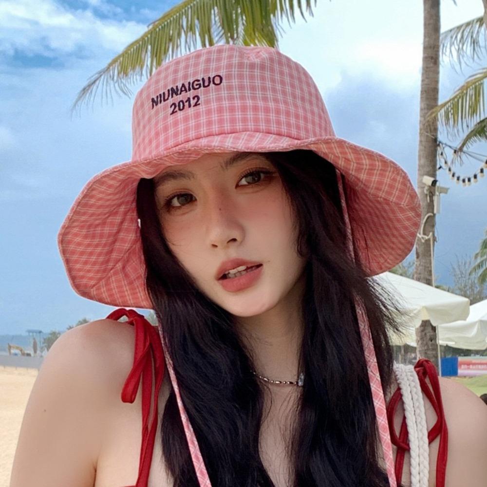 

Letter Embroidery Lattice Fisherman Hat Adjustable Drawstring Windproof Sun Hats UV Protection Wide Brim Summer Hats красный