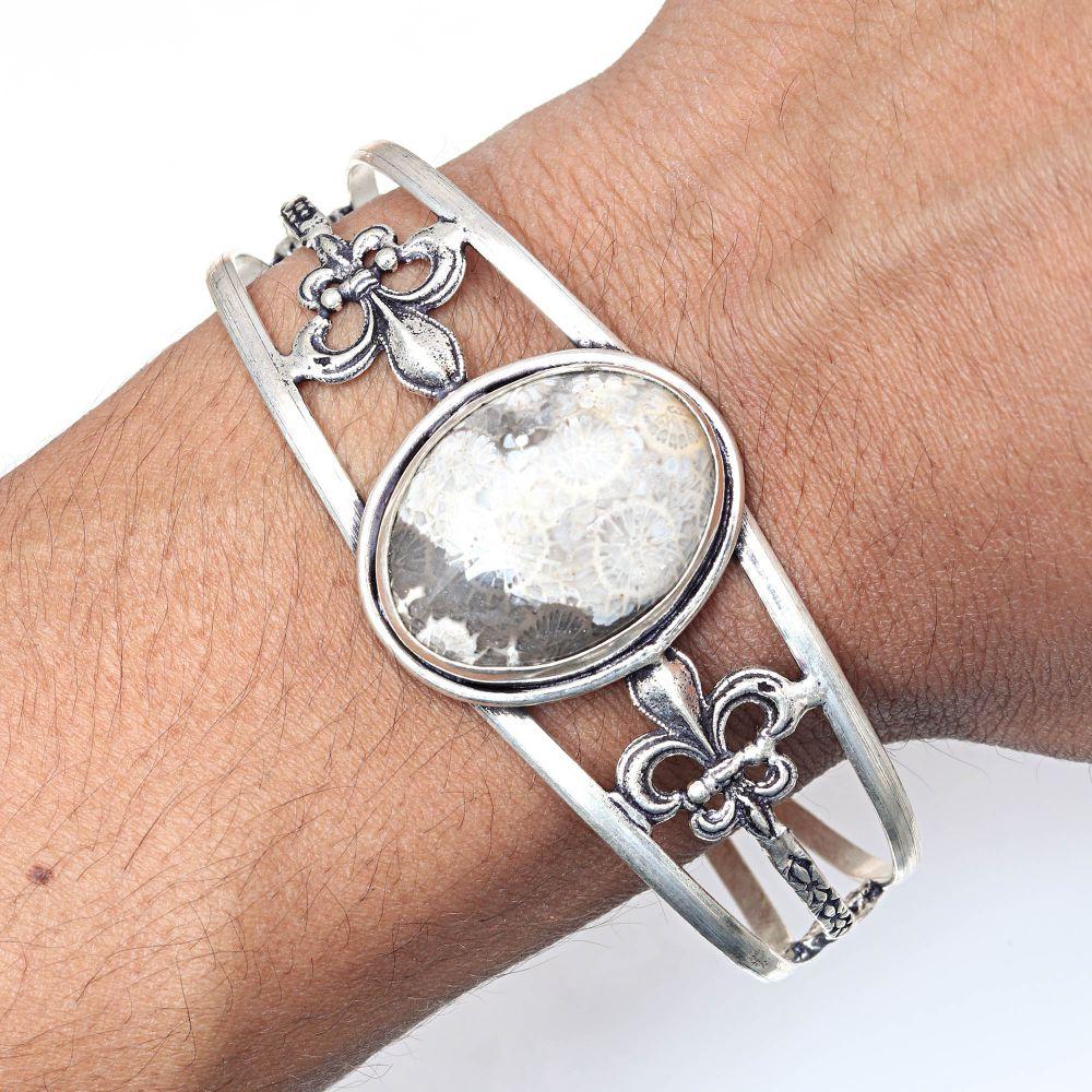 Fossil Coral Gemstone Antique Jewelry Cuff Bracelets 7''Adjustable