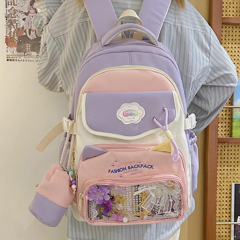 School bag 2025 high value contrasting colors large capacity dopamine middle and high school student school bag versatile cute sweet backpack