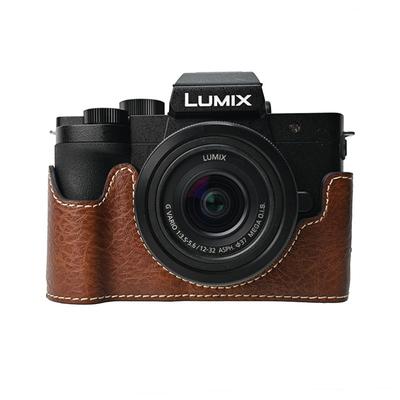 Litchi PU Leather Camera Half Case for Panasonic Lumix G100K Bottom Opening Magnetic Cover With Strap