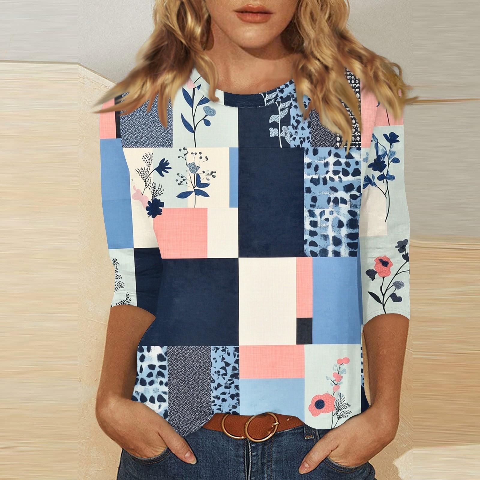 

Women s O-neck 3/4 Sleeve Print Ed Top XL небо синє кольору