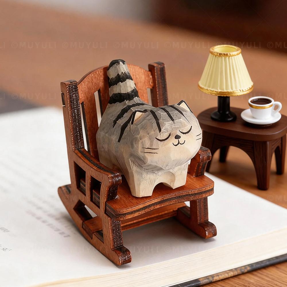 Cute Cat Animals Figurine Decorative Wooden Ornament Miniature Kitten Coffee Home Bedroom Office Desk Decoration Gift Statue
