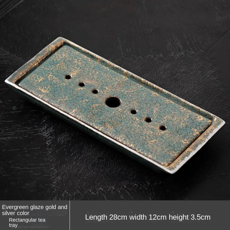 

Evergreen Glaze Gold and Silver Color Rectangular Tea Tray Household Small Water Storage Bamboo Tea Tray Tea Set Small Tea Table