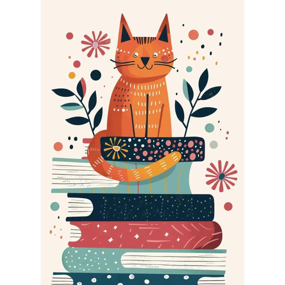 1pc Frameless Canvas Painting  Cartoon Cat with Books Poster Print Canvas Painting Wall Art Picture Library Bookstore Room Decor
