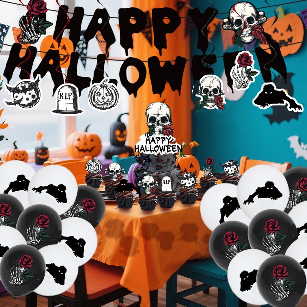 Halloween Black Skeleton Rose Decorations Disposable Supplies Tableware Halloween Party Decorations