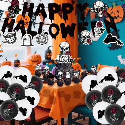 Halloween Black Skeleton Rose Decorations Disposable Supplies Tableware Halloween Party Decorations