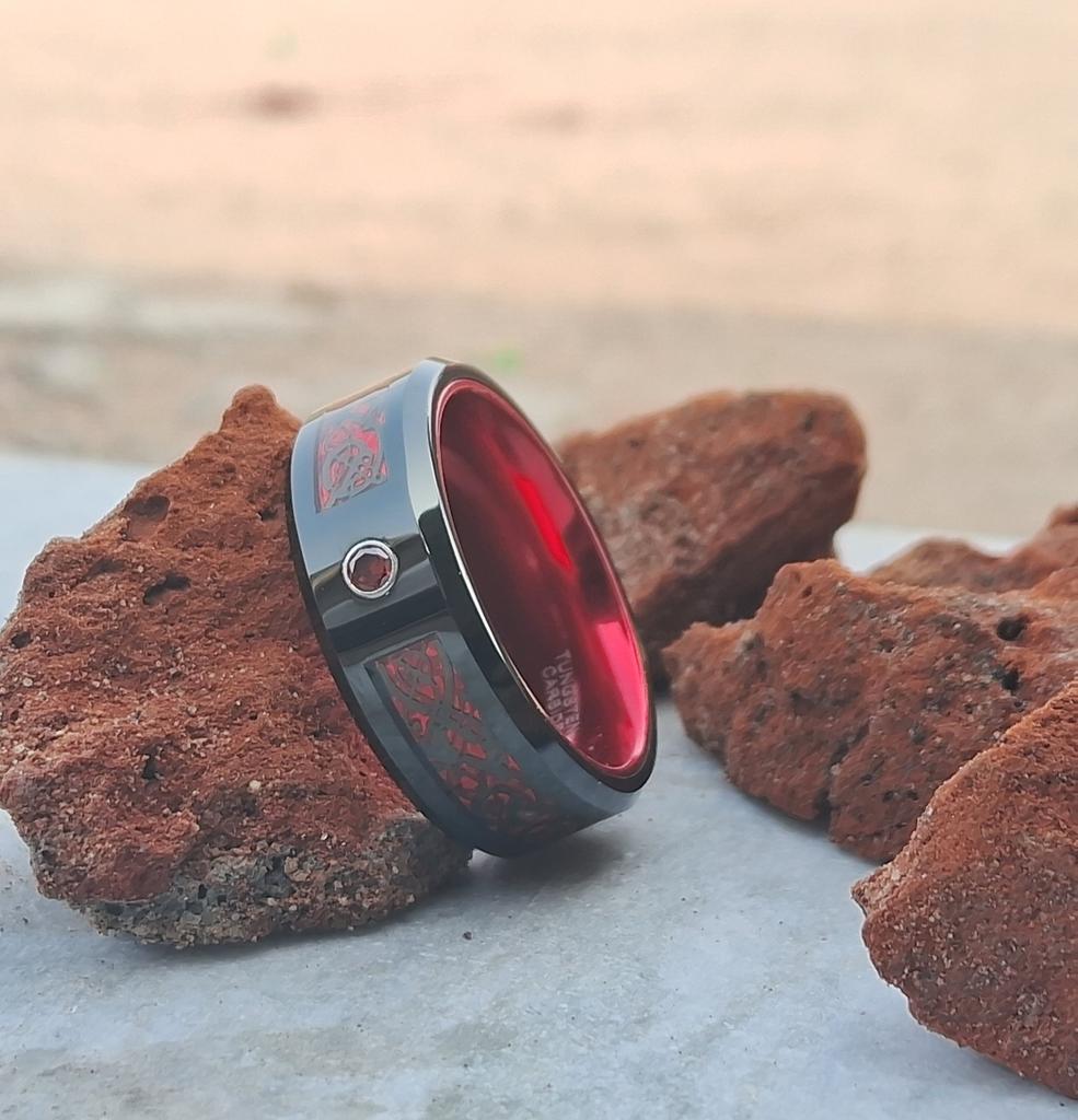 8mm Black Tungsten Rings with Red Celtic Dragon Inlay – Stylish Wedding Bands for Men Durable Unique Design Free Custom Engraving