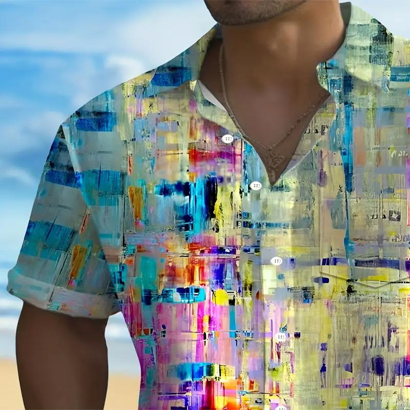 Camisa de Manga Corta para Hombre con Estampado Abstracto Degradado Vibrante y Botones, Fibra de Poliéster Ropa Casual para Vacaciones de Verano