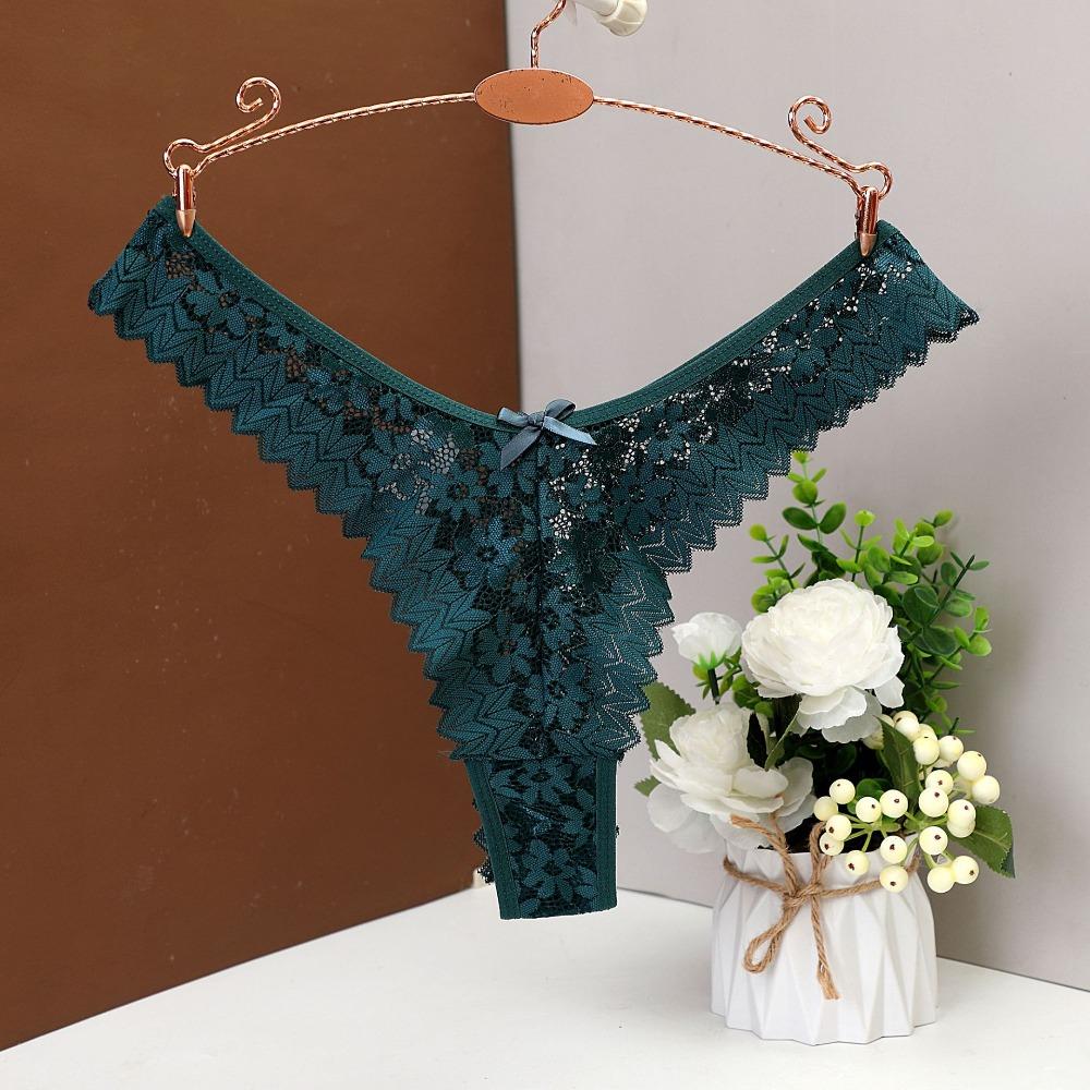 Breathable Bow Flower Lace Seamless Thong Transparent Mid Waist Underwear for Women Hollow Panties Mesh Lace Briefs Girl