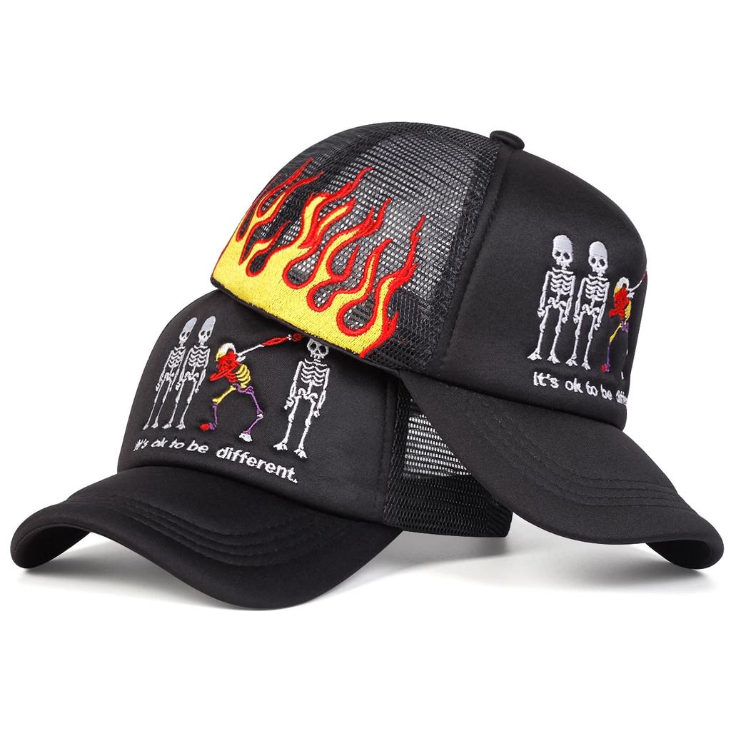 Unisex Skeleton Embroidery Baseball Net Caps Outdoor Adjustable Spring and Summer Casual Sunscreen Hat