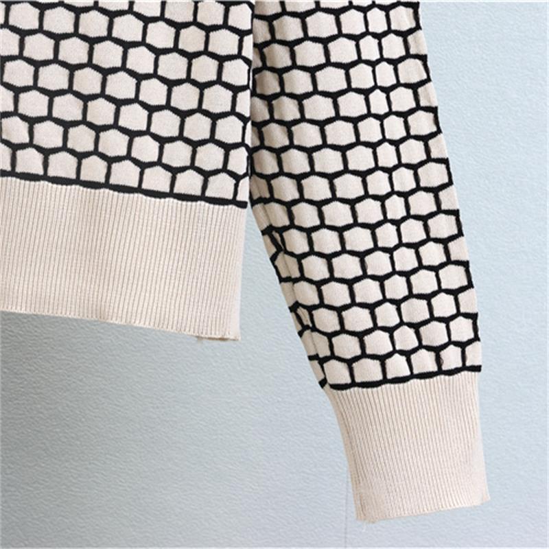 Autumn And Winter Checkered V Neck Knitted Cardigan Suit Women's Wide Leg Pants Two Piece Set