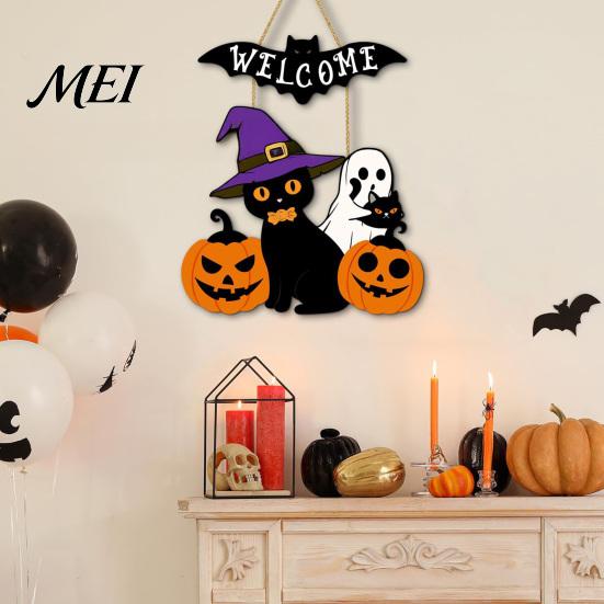 Pumpkin Wall Plaque Halloween Wooden Welcome Door Sign, Ghost Bat Hanging Decor Indoor Outdoor Decoration for Yard, Home Party Entrance Rustic