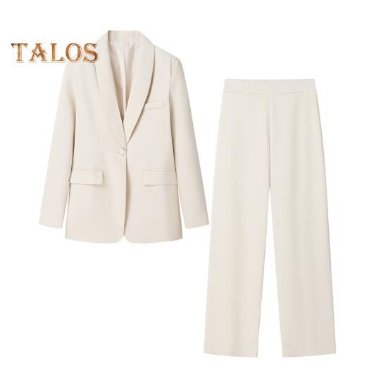 2Pcs/Set Women Office Outfit Lapel Long Sleeve Single Button Suit Coat High Waist Long Pants Set Business Workwear