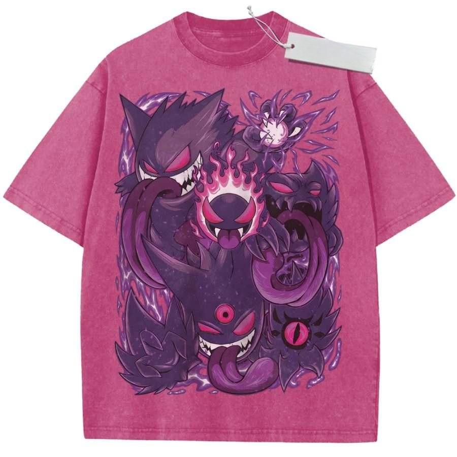 Vintage Washed Black TShirt Pokemon Anime Gengar Shadow Ball Print Purple Design Oversized Streetwear for Casual Daily Campus