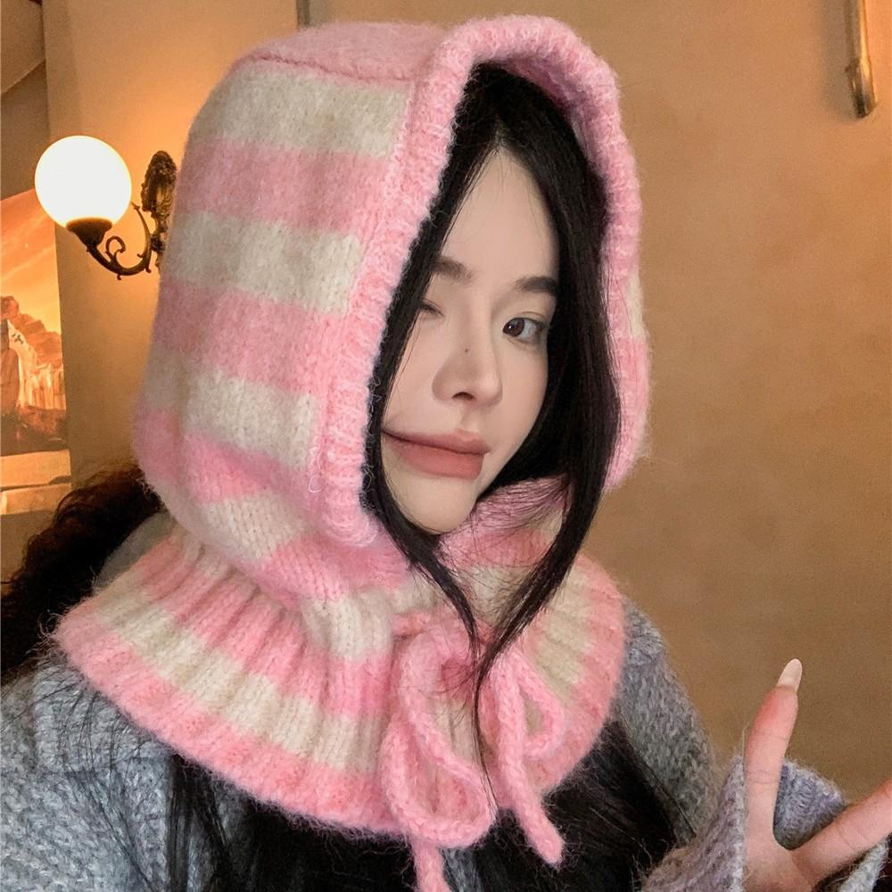 Striped Balaclava Hat Women's Autumn and Winter Cold and Warm Scarf Integrated Knitted Wool Hat Big Head Circumference Versatile