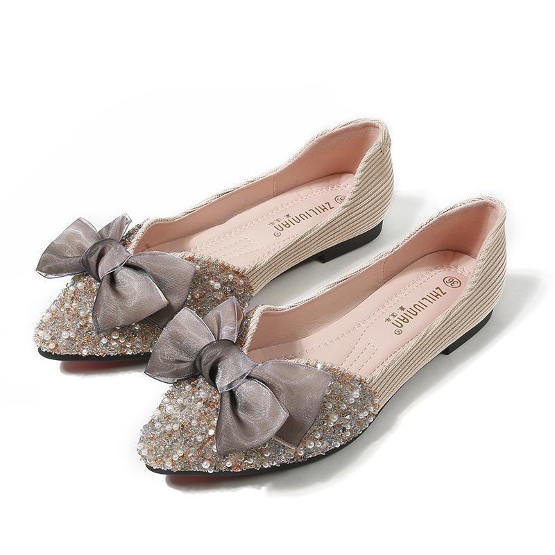 Pantofi simpli de damă de primăvară cu fundă și perle, pantofi simpli de damă plați cu strasuri, pantofi beanie cu vârf ascuțit, pantofi barcă, mărime mare