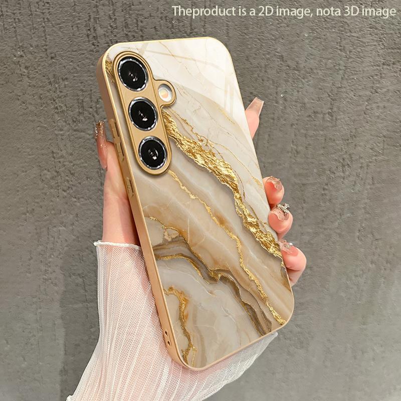 Gold Vein Marble Pattern 2D Phone Case for Samsung S26 S25 S24 S23 S22 S21 S20 A56 - Golden Metal Paint Glass Protective Cover