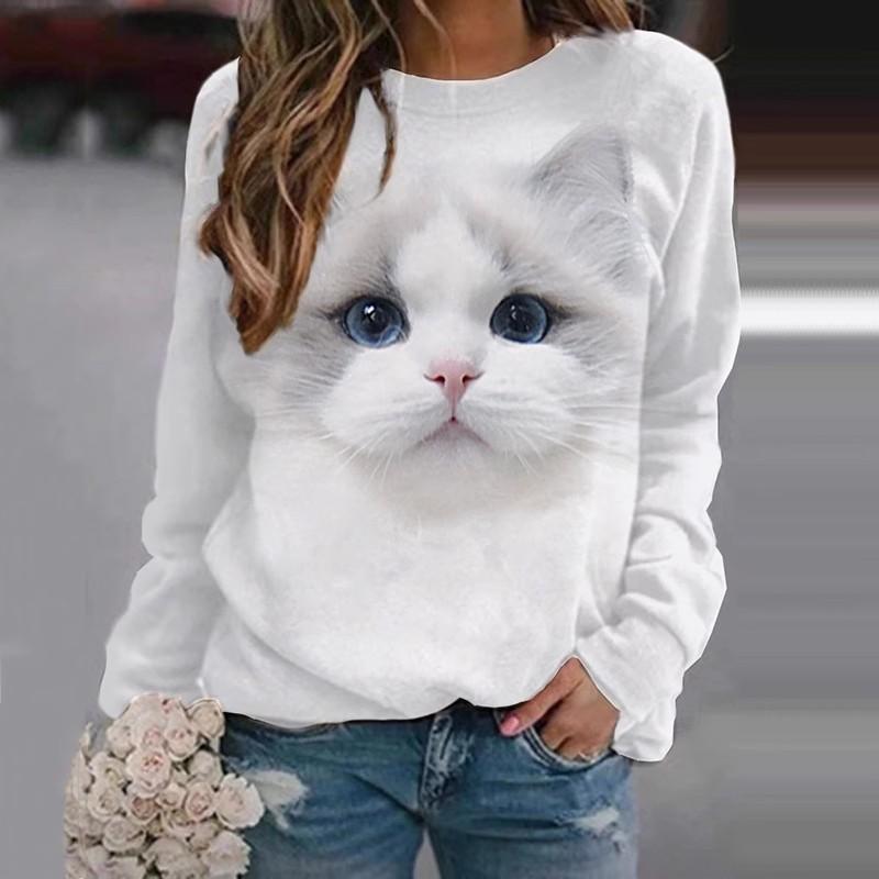 Printed Round Neck Cute Cat Animal Casual Long Sleeve T-Shirt