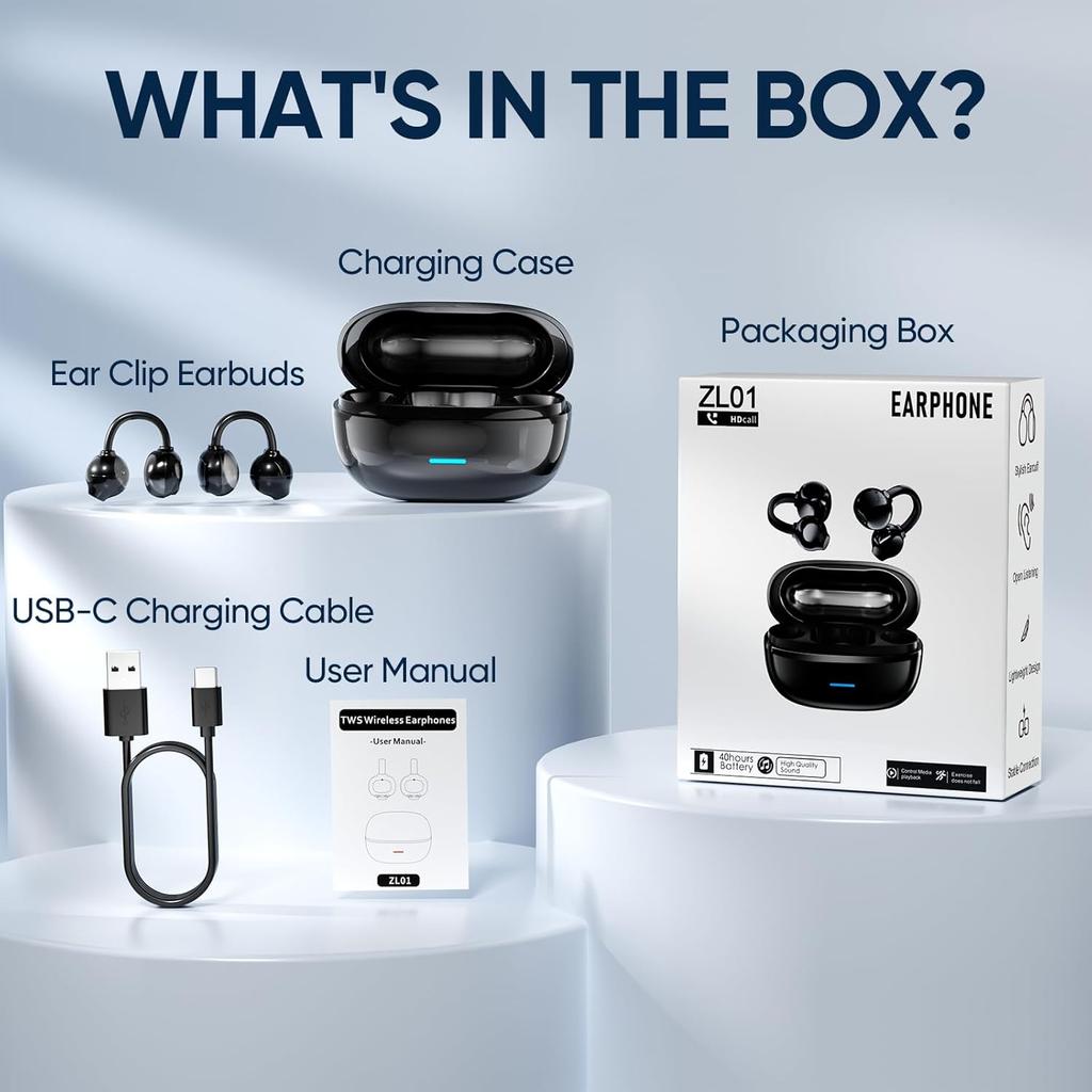 AI Clip on Earbuds Wireless Bluetooth 5.4 Earphones, Open Ear Headphones with Mic, 40H Play, Waterproof Design, 4g Ultra-Lightweight Sports Ear Clip