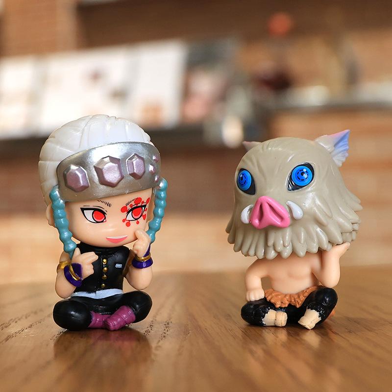 8Pcs/Set Anime Figures Demon Slayer Kimetsu No Yaiba Q Version Sitting Tanjiro Nidouzi Inosuke Zenizu Figurine Model Doll Gift
