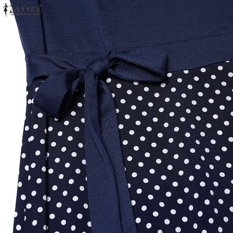 ZANZEA Women Casual Round Neck Long Sleeve Polka Dot Print Patchwork Retro Dress