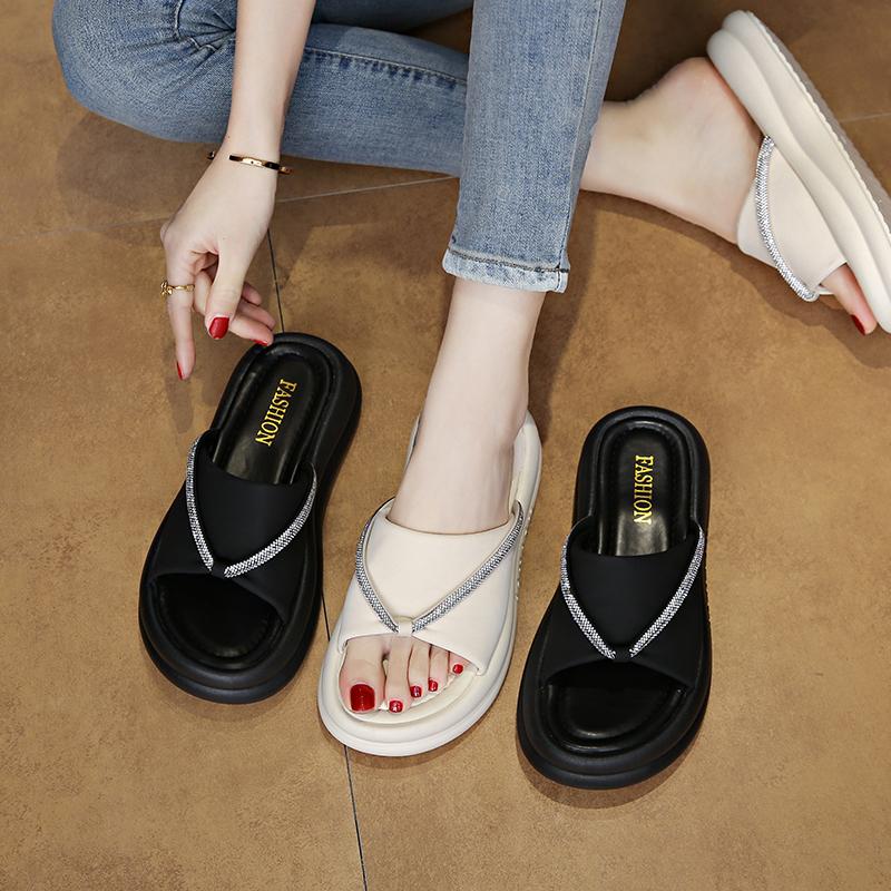 Fashion Women's Wedge Sandals 2025 Summer Wear Fashion Rhindiamond-muffin Thick-soled Increase Women's Slippers