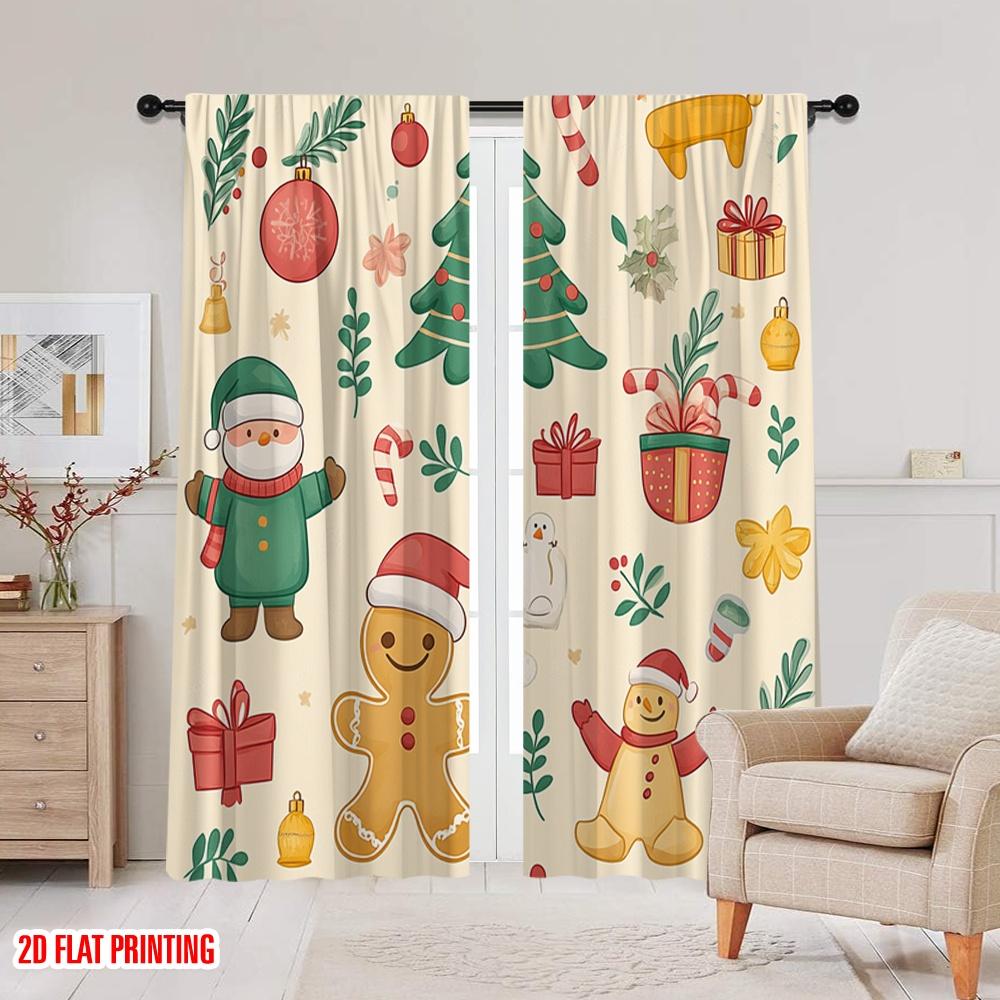 2pcs,2D plane printing Pattern Curtains Christmas Cute Elements (4) Polyester Fabric (without rod) Holiday Ldeal for Bedroom &