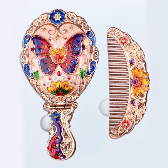 Vintage Folding Hand Mirror with Carved Comb Portable Travel Long Handle Metal Makeup Mirror Women Decorative Handheld Desk Vanity Mirror