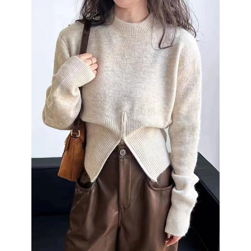 Autumn and Winter Short Zip Pullover Sweater Women's Waisted Round Neck Pullover
