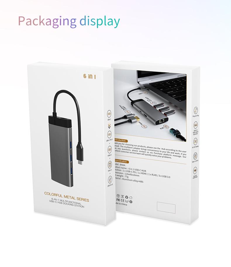 6 In 1 Usb 3.0 Hub Fast Charge HD-MI USB3.0*3 Usb C Hubs RJ45 1000M SD TF Usb C Hub Ethernet