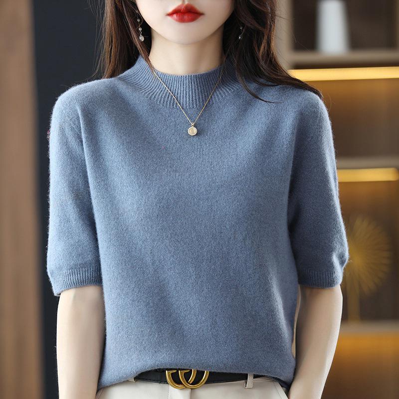 Women's Pure Wool High Neck Knit Sweater with Five-Point Sleeves