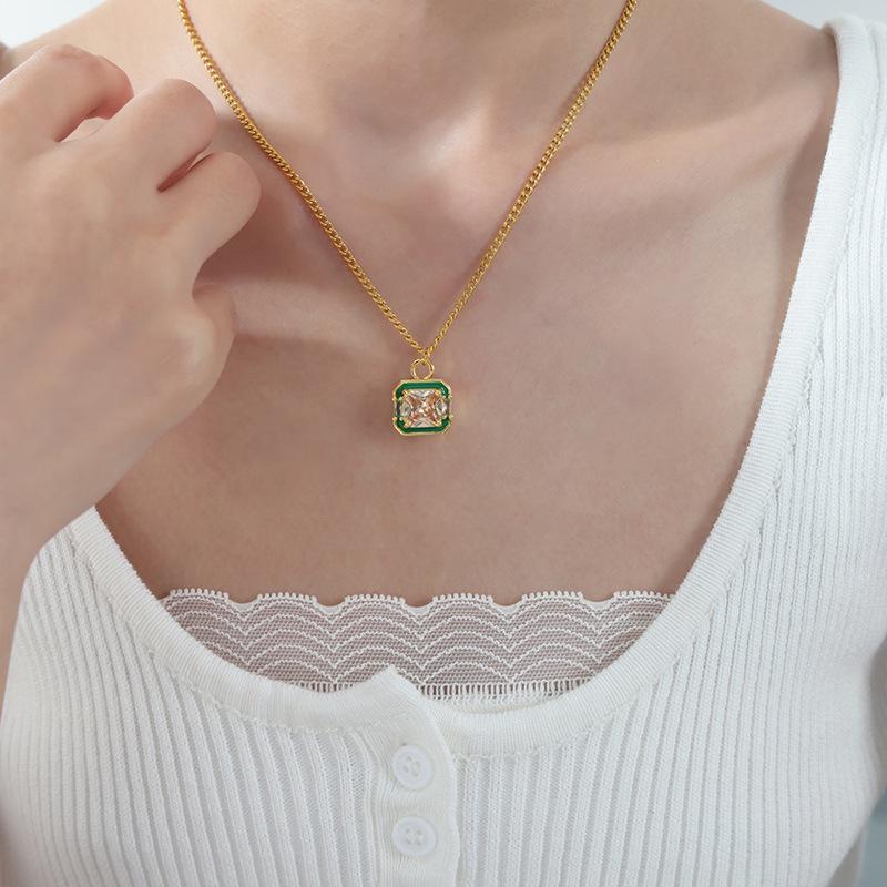French Light Luxury Multicolor Zirconia Square Enamel Pendant Necklace & Versatile Earrings Set for Women