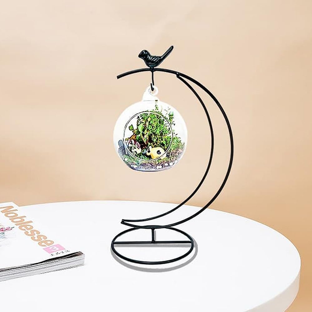 Moin Moin Hanging Stand, Iron, Moon Shape, Bird, Small Bird, Black Iron, Terrarium Hanger, Hanging Hook, Interior Decor  Height 35cm, Base Width 15cm