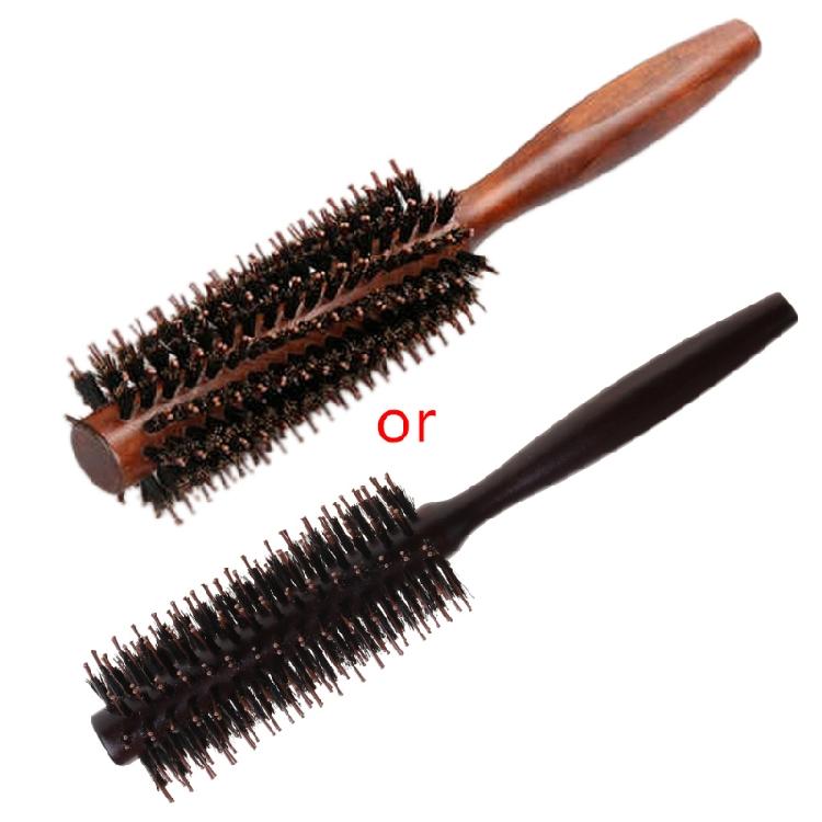 Straight Twill Boar Bristle Hair Round Brush Wood Handle Rolling Styling Comb