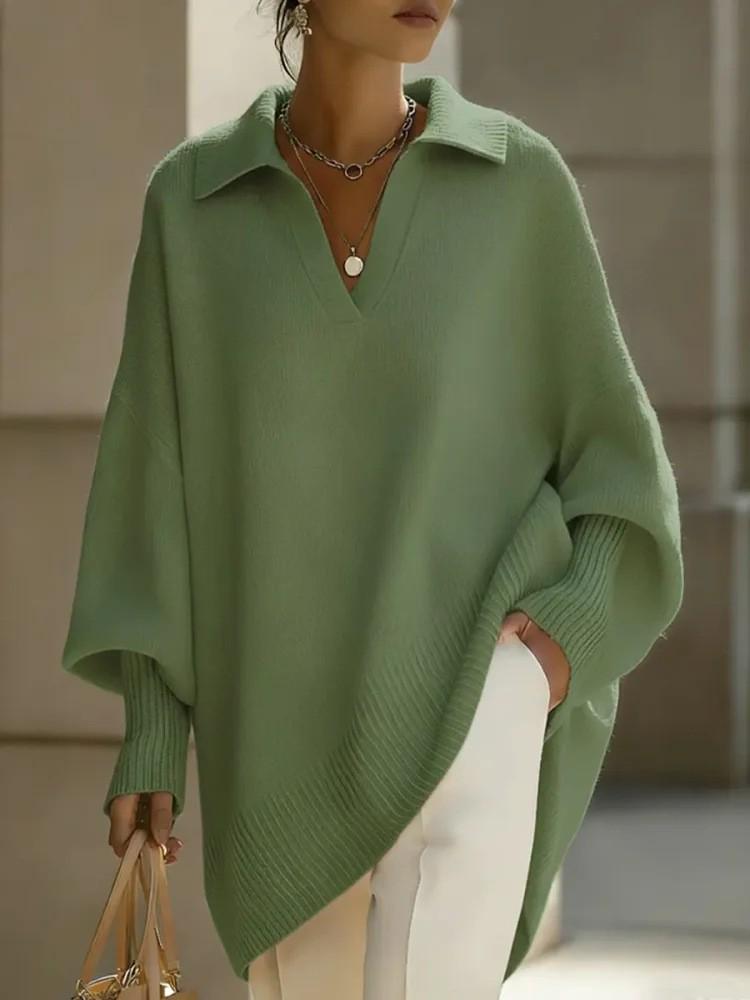 Spring 2026 Women's Lapel Casual Loose Lantern Sleeve Sweater - Solid Color