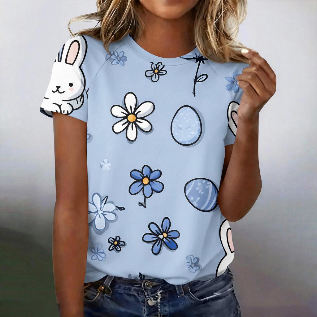 T-shirt Top Casual alla Moda da Donna a Maniche Corte Raglan con Stampa di Pasqua
