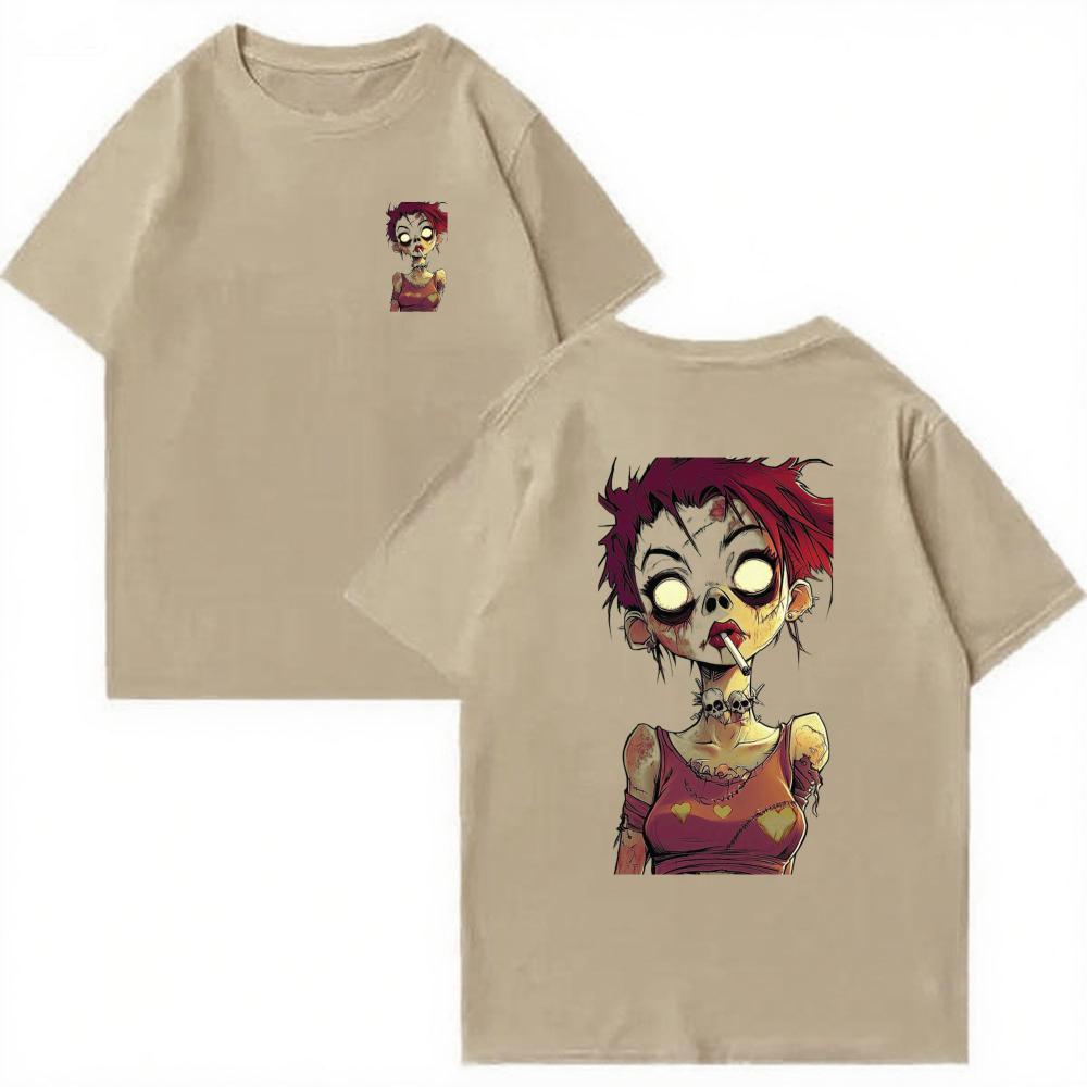 Zombie Girl Cartoon Graphic T Shirt Oversized Back Print Grunge Skull Neck Horror Tee Y2K Streetwear Cotton Short Sleeve