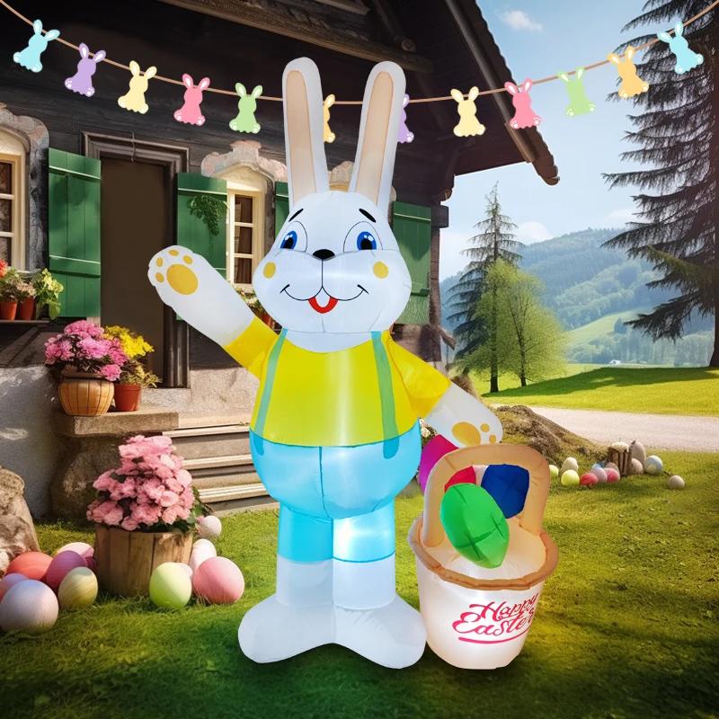 2.1M/6.8FT Easter Festival DIY Decoration Inflatable Model Rabbit carrying basket holiday Garden Yard Outdoor LED Light Decor