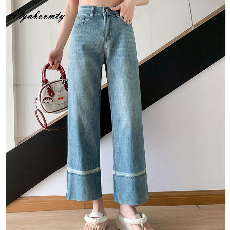 

Корейский стиль, лето-осень, женские джинсы с высокой талией, синие джинсовые капри в стиле ретро, ​​элегантные женские повседневные свободные уличные винтажные джинсы M