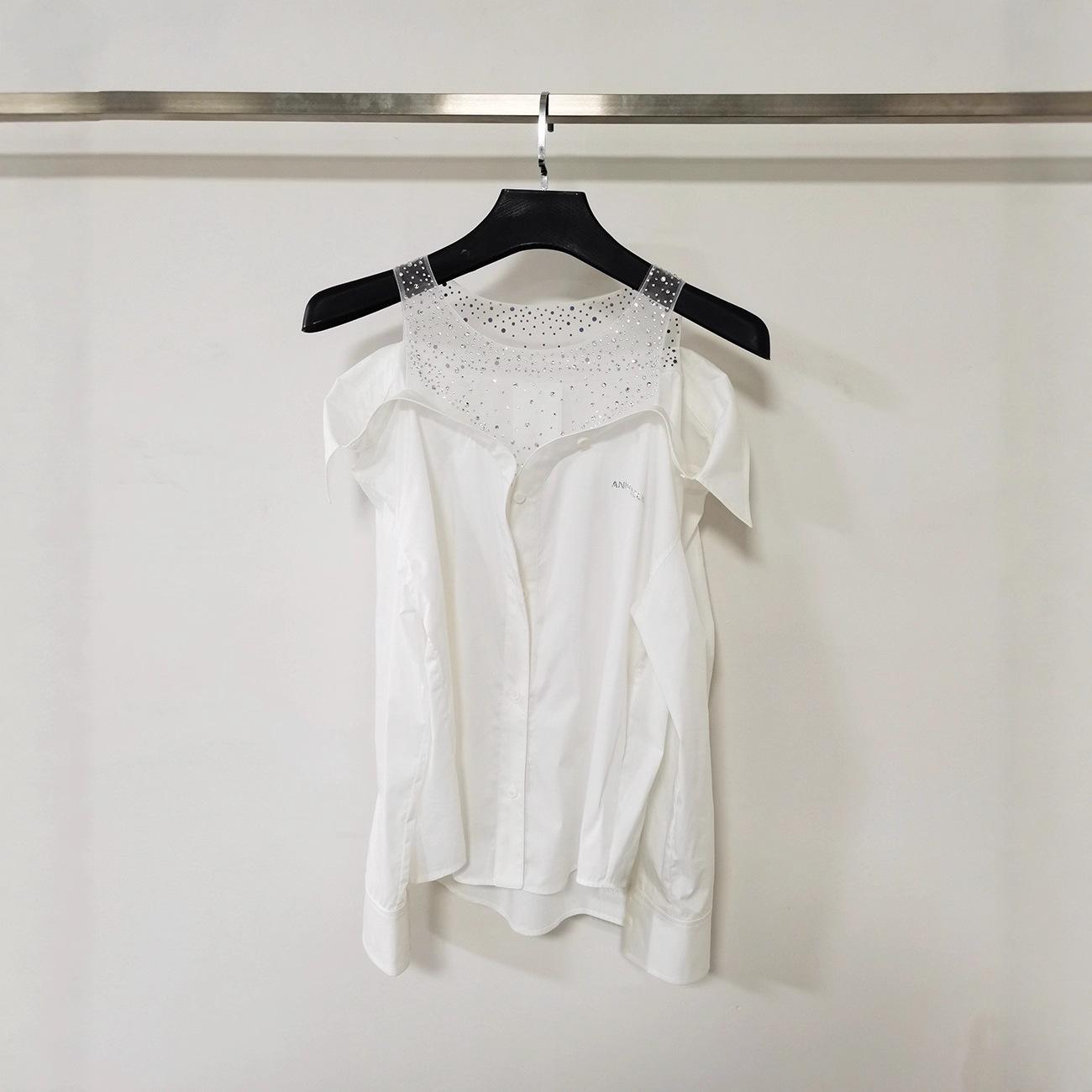 

2026 Early Spring New Style Off-Shoulder Letter Crystal Mesh Patchwork Loose Long-Sleeve Women s Top Small белый