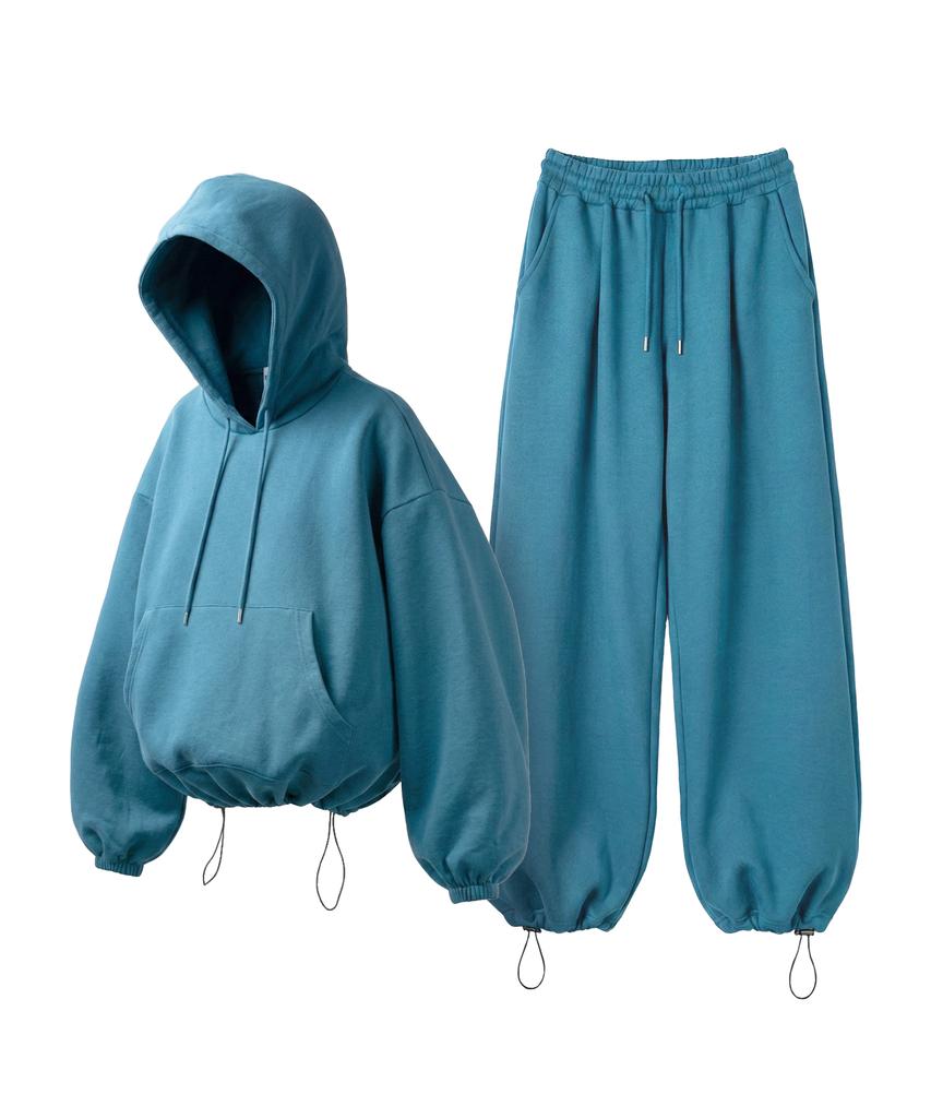 [Set] String Oversized Hoodie + Single-Pleat Wide Pants - Peacock Green